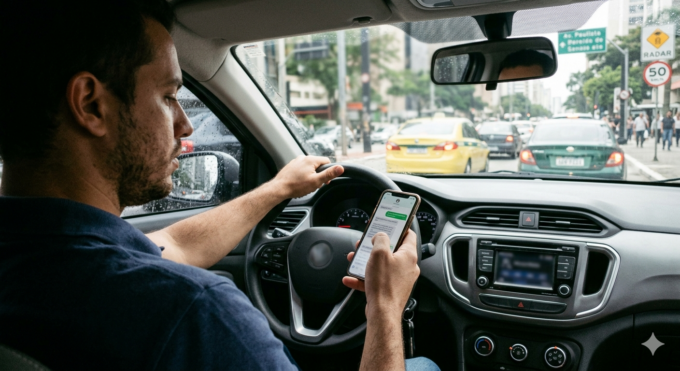 Motorista segurando celular ao volante, com foco em multa de trânsito.