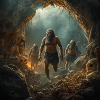 Representação artística de Neandertais com foco na diversidade genética e interação entre grupos, ligada à sua extinção.