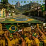 Brasileiros decorando ruas com bandeiras e pinturas para a Copa do Mundo