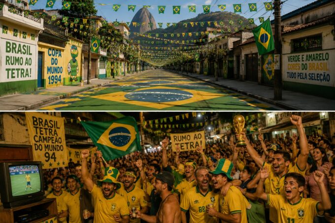 Brasileiros decorando ruas com bandeiras e pinturas para a Copa do Mundo