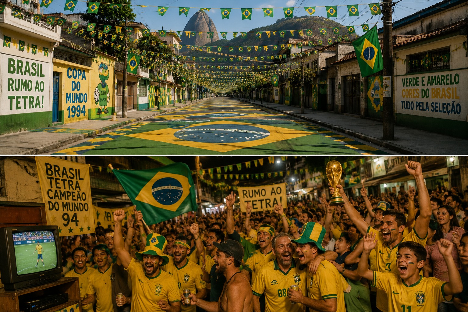 Brasileiros decorando ruas com bandeiras e pinturas para a Copa do Mundo