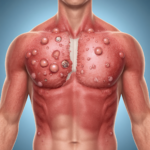 Pessoa com erupção cutânea característica de herpes zóster no tronco.