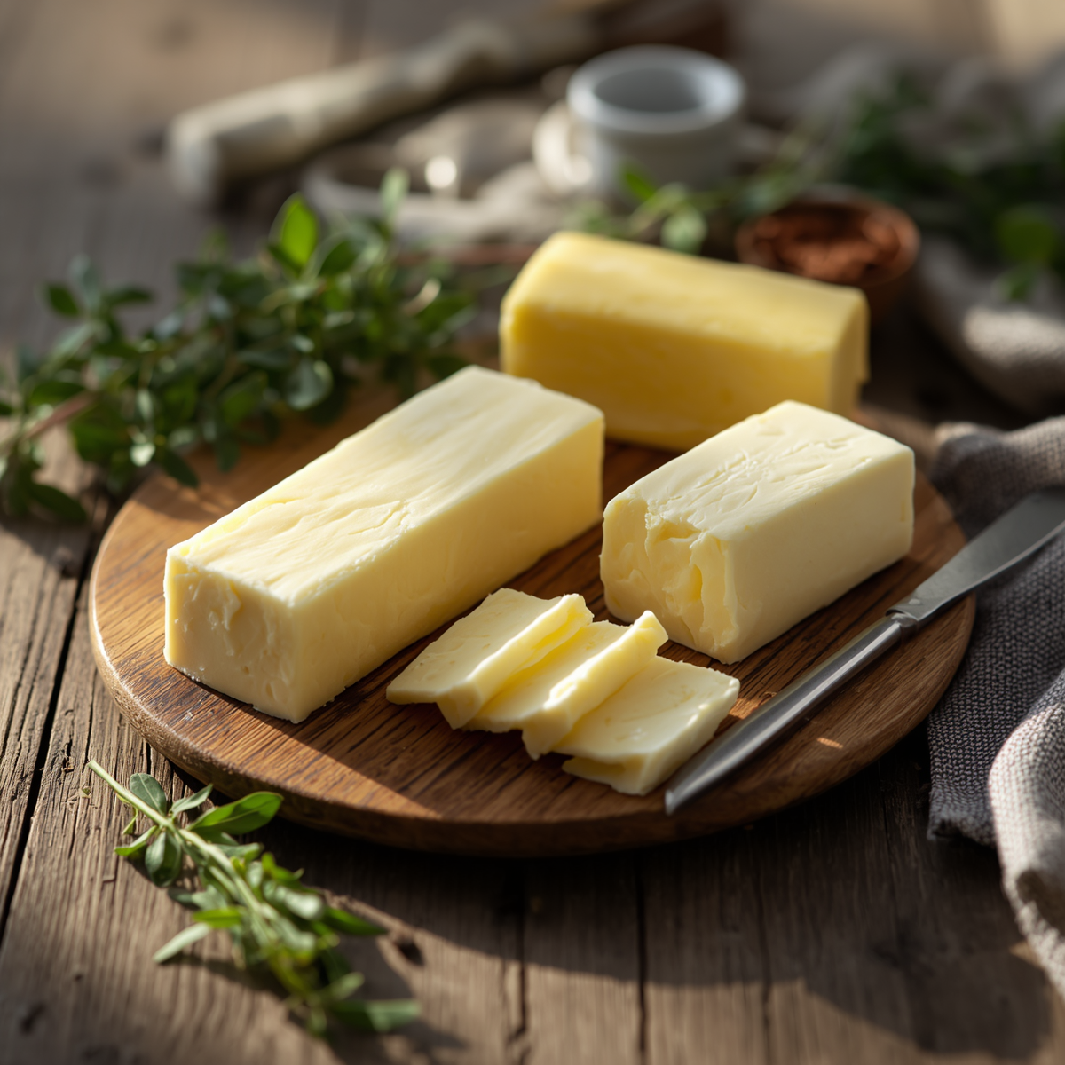 Comparação visual entre manteiga e margarina, com foco nos ingredientes e benefícios para a saúde.