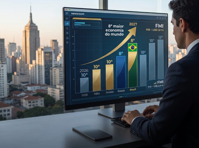Gráfico projetando o Brasil como 8ª maior economia do mundo em 2027, segundo FMI.