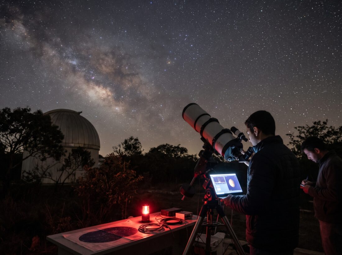 Ilustração de nave espacial sobrevoando planeta com símbolo de interrogação, representando busca por vida extraterrestre.