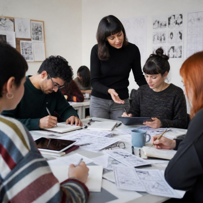 Quadrinista desenhando em prancheta, tema masterclass criação histórias em quadrinhos gratuitas