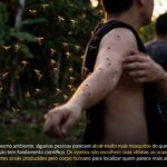 Mosquito pousando em pele humana, com foco na atração por algumas pessoas.