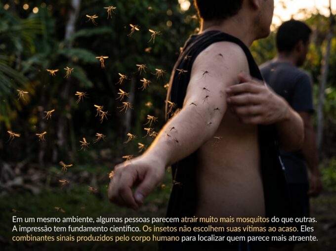 Mosquito pousando em pele humana, com foco na atração por algumas pessoas.