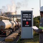 Gráfico mostrando o preço do barril de petróleo superando US$ 110, com bandeira do Brasil ao fundo.