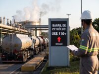 Gráfico mostrando o preço do barril de petróleo superando US$ 110, com bandeira do Brasil ao fundo.